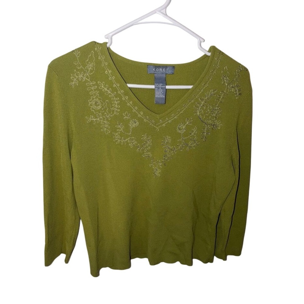 Koret Womens Olive Green V-Neck Embroidered Beaded Knit Sweater Size Medium